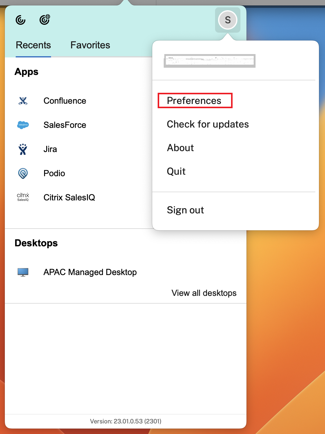 Preferences screen