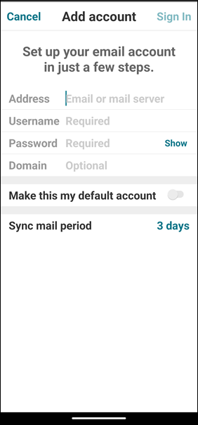 Image of the Android Add account screen