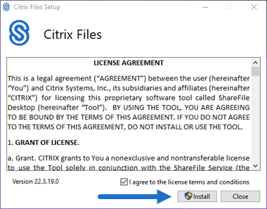 Finestra di installazione di Citrix Files per Windows