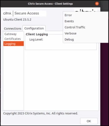 Registro em log do cliente Citrix Secure Access
