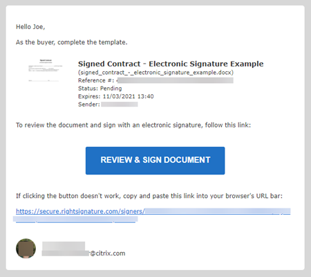E-mail de demande de signature d'origine
