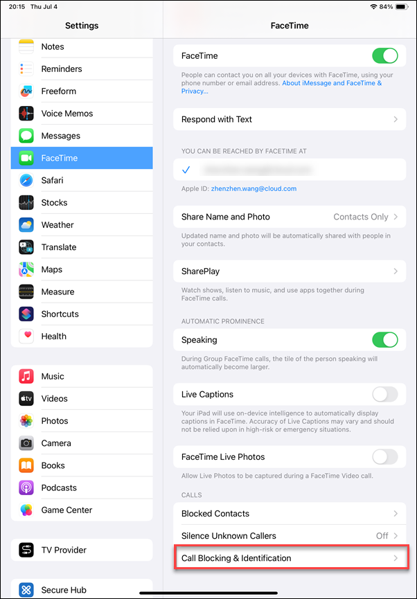 Image of iPad Settings - FaceTime