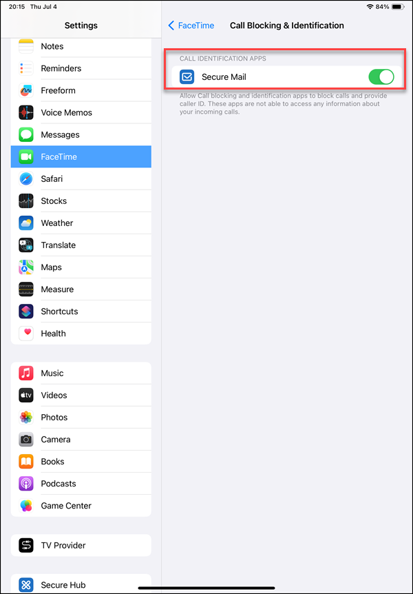 Settings on an iPad