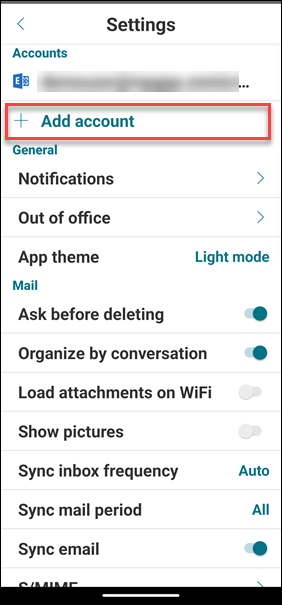 Image of Setting > Add account on Android